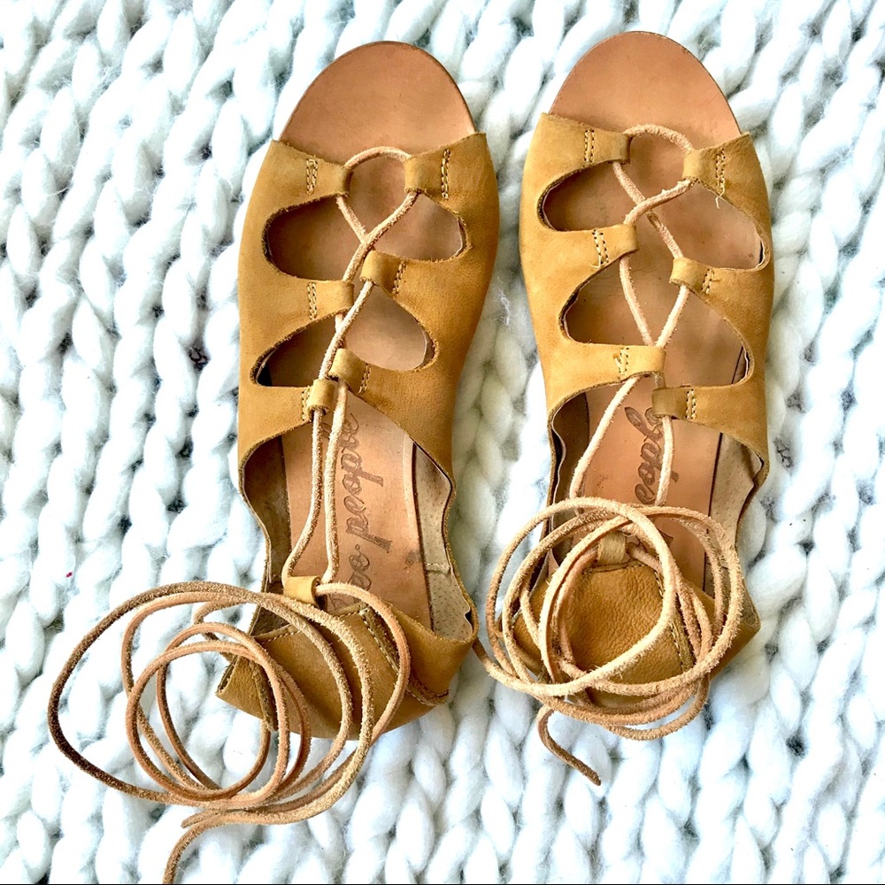 Free People tan leather lace up gladiator flats 7.5